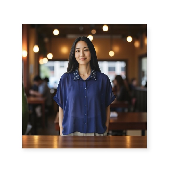 new LF Millau ༄ Sequin Collar Asymmetrical Semi Sheer BD Shirt Top ༄ Royal Navy - Picture 15 of 16